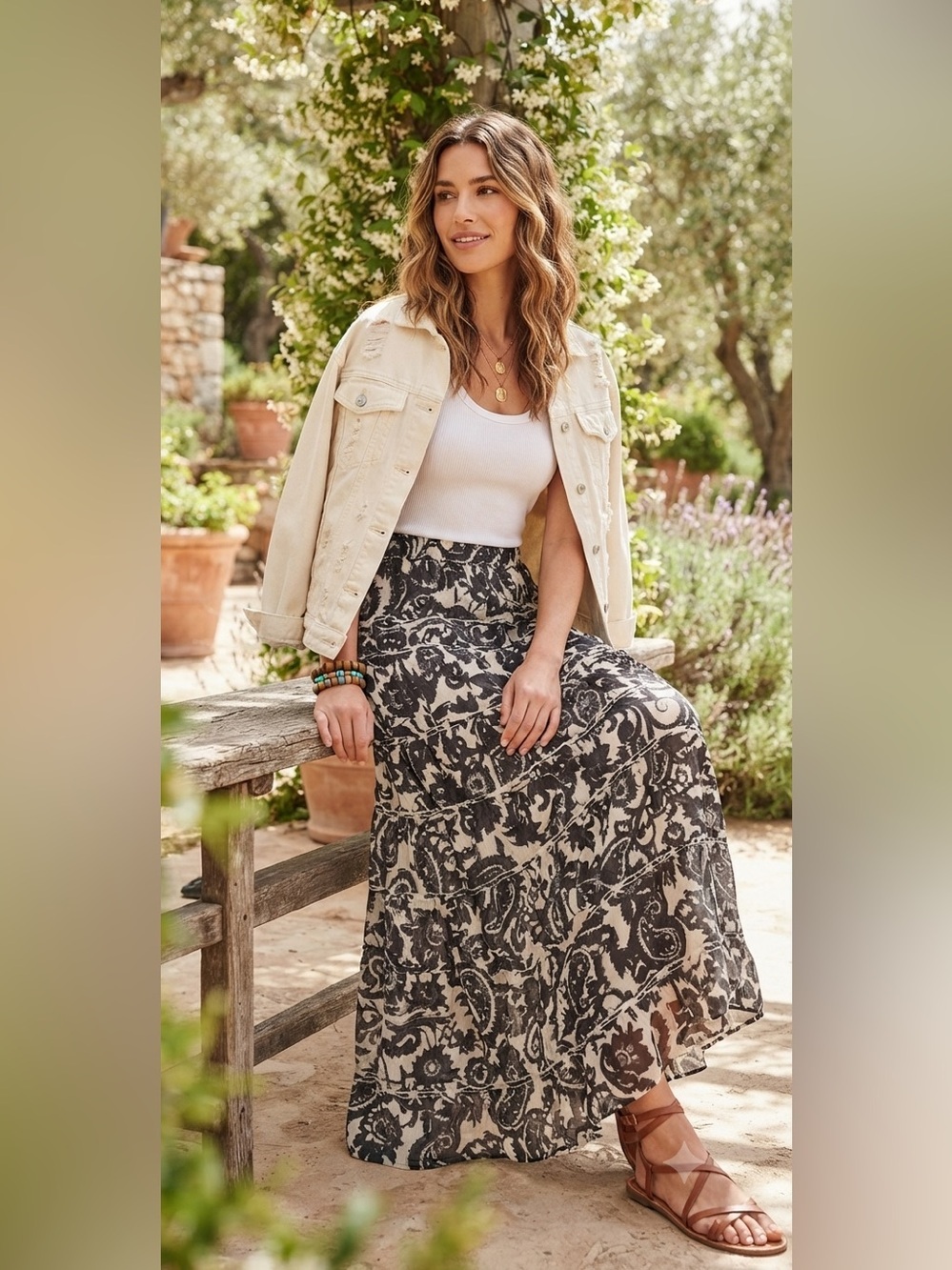 Jane Ashley Tiered Maxi Skirt Sz M Black White Cotton Lined Boho Gypsy Flowy